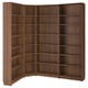 An empty wooden BILLY bookcase in brown. Its corner-shaped with multiple shelves.