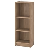 A BILLY bookcase in light oak color, crafted from engineered wood, with a rectangular shape and three open shelves, offering versatile storage.
