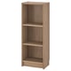 Option: A BILLY bookcase in light oak color, crafted from engineered wood, with a rectangular shape and three open shelves, offering versatile storage.