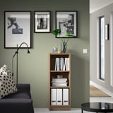 Modern living room corner: wooden BILLY bookcase, sage wall, decor, sofa, lamp, rug
