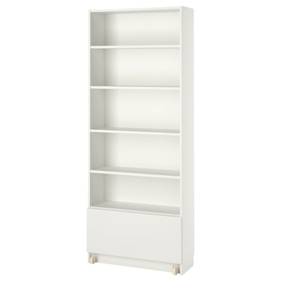 White BILLY bookcase; five shelves, bottom storage drawer; minimalist, modern design.