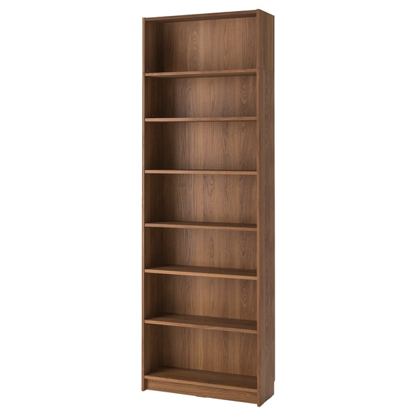 An empty wooden BILLY bookcase, light brown, rectangular shape with six shelves.