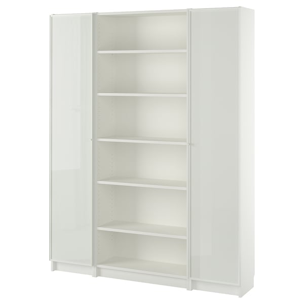 White BILLY bookcase with glass doors, clean and minimalist design.