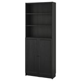 BILLY black wooden bookshelf with open and closed storage, sleek design.