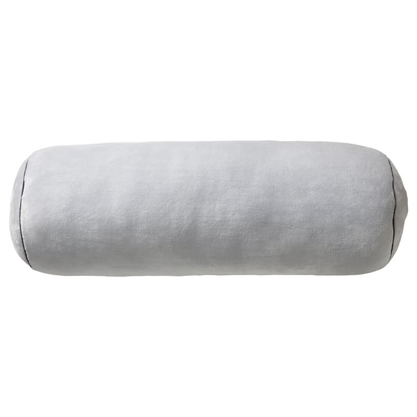 A round, light gray blaskata cushion. Made from recycled polyester, its soft and versatile for various uses.