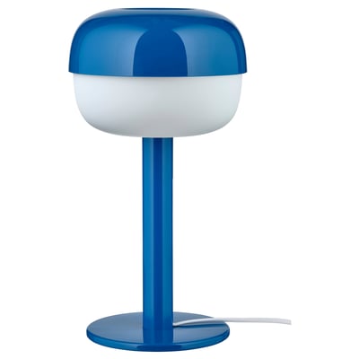 Modern BLÅSVERK lamp, blue. Round shape, glossy design, aluminum & plastic, soft light.