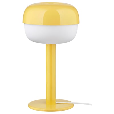 BLÅSVERK lamp: yellow, retro style with round white shade, aluminum tube, sits on plastic base.