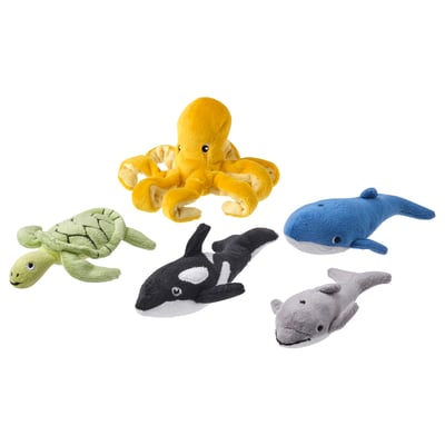 Five colorful ocean creature toys: yellow octopus, green turtle, blue whale, black-white orca, gray shark, made from soft recycled polyester.