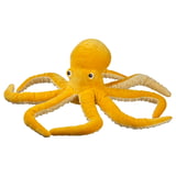 Bright yellow octopus plush toy. Soft, huggable, with eight curly arms. Made from recycled polyester.