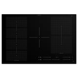 Black induction hob with five cooking zones, touch controls, and beveled edge.