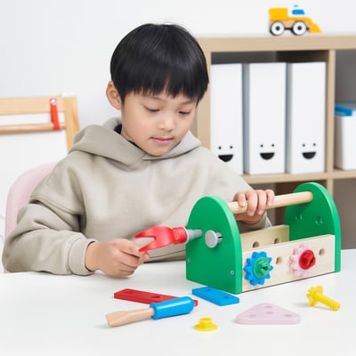 A young boy plays with a BLOMFLUGA toolbox, using a red plastic hammer to hit a nail, developing motor skills and creativity.