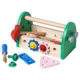 Wooden childrens toolbox, green and beige, with colorful gears, hammer, screwdriver, and bolts.