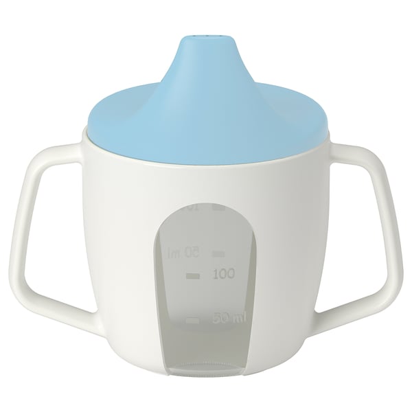 Baby sippy cup, white with blue lid, two handles, transparent sides.