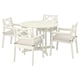 The bondholm outdoor dining set a white round table and four matching chairs with armrests, providing a cozy and elegant outdoor seating arrangement.