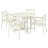 A BONDHOLMEN outdoor seating set in white. It includes a round table and four armchairs with a classic, wooden design.