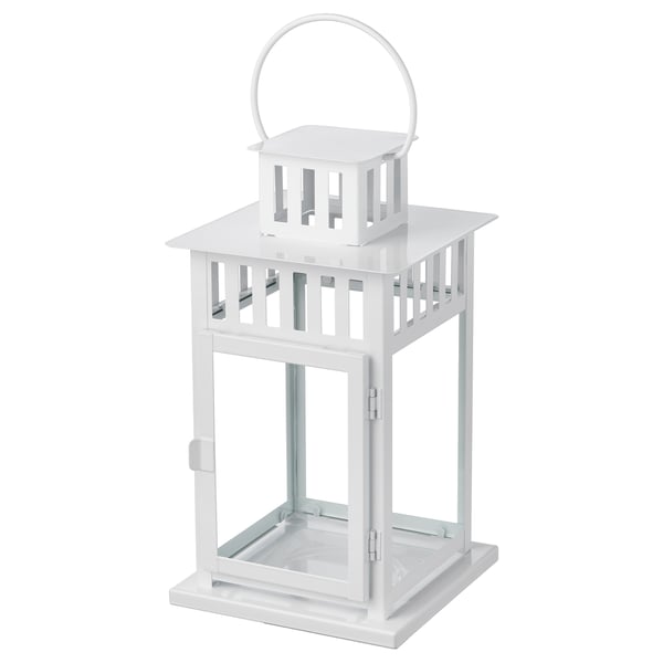 White BORRBY lantern, square glass base, powder-coated steel, classic design.