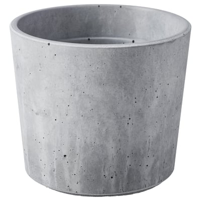 Gray BOYSENBÄR concrete planter with speckled design and cylindrical shape.