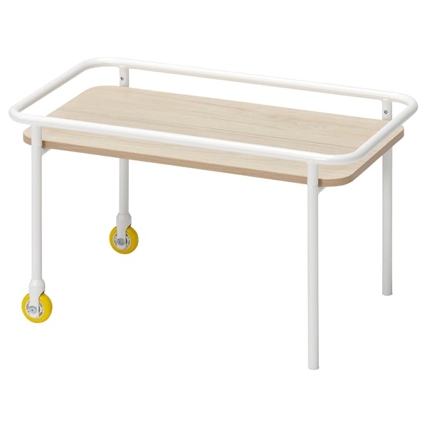 BRÄNNBOLL: white side table with wooden top and four wheels. Stylish, mobile, and perfect for gaming setups.