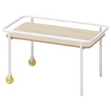 BRÄNNBOLL: white side table with wooden top and four wheels. Stylish, mobile, and perfect for gaming setups.
