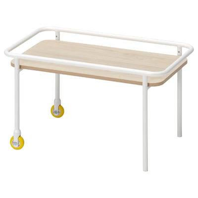 BRÄNNBOLL: white side table with wooden top and four wheels. Stylish, mobile, and perfect for gaming setups.