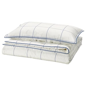 BREDVECKLARE white duvet set, blue trim, grid pattern, smooth, cotton/viscose.