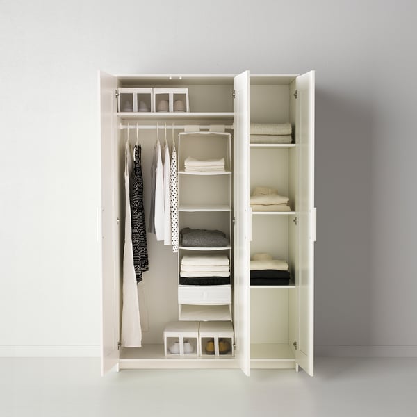 A white wardrobe with mirror door, featuring shelves, hanging rails, and organized clothes and accessories.