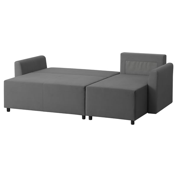 A gray BRISSUND sofa bed with sleek lines, upholstered in recycled polyester fabric, designed for versatility and comfort.
