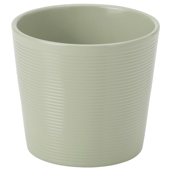 Green striped planter, cylindrical, earthenware powder coat.
