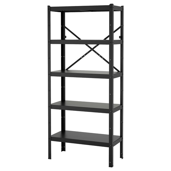 A black BROR shelving unit with four sturdy steel shelves. Its design is geometric and industrial, perfect for storing heavy items.