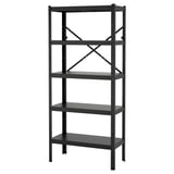 A black BROR shelving unit with four sturdy steel shelves. Its design is geometric and industrial, perfect for storing heavy items.