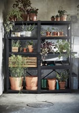 Black metal plant shelf with multiple tiers, holding various potted plants and gardening supplies.