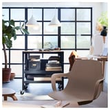 Home office with storage trolley, books, desk, window, plants, chair, laptop.