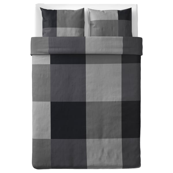 BRUNKRISSLA duvet cover in grey/white plaid with viscose/cotton blend, rectangular shape, zipper closure.