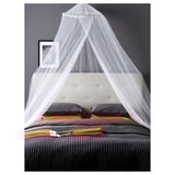 Bed with canopy, white netting, tufted headboard, colorful bedding, black wall with framed photo.