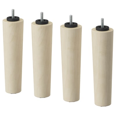 Four cylindrical light wooden legs with black screws and bases, evenly spaced on white background.