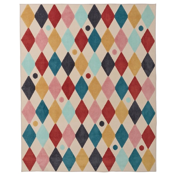 Colorful harlequin rug, diamond patterns, recycled plastic, soft pile.