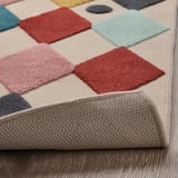 Colorful kids rug with soft, raised squares. Rubber back keeps it in place, ideal for play.