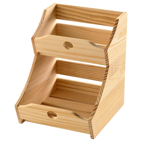 Light-colored wooden tiered storage box with two drawers.