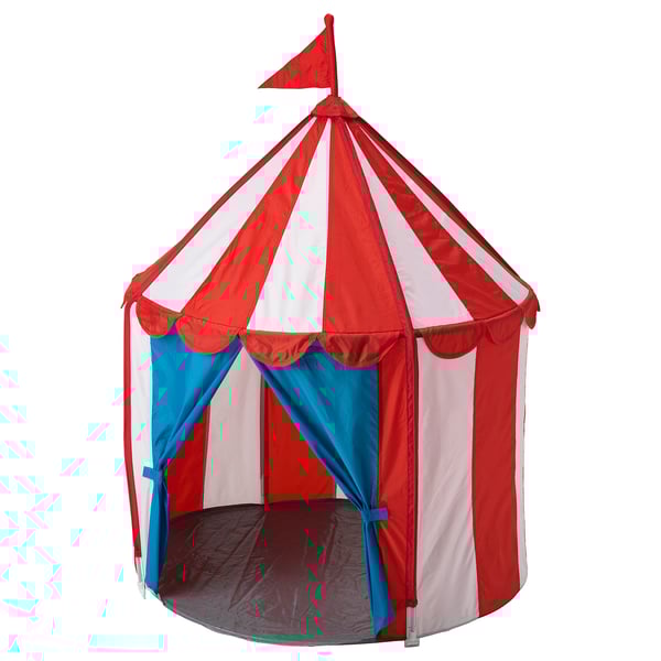 Red and white striped play tent with blue accents. Circular shape, designed for childrens play.