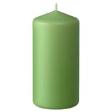 Green pillar candle, smooth, cylindrical shape, plain design, made from paraffin and plant-based wax with a cotton wick.