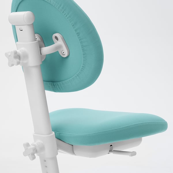 Adjustable light blue chair with white height and depth knobs; comfy, ergonomic design.