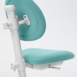 Adjustable light blue chair with white height and depth knobs; comfy, ergonomic design.