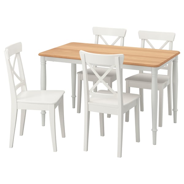 A DANDERYD white dining set, modern traditional design with light wooden top, rectangular table, and four x-back chairs.
