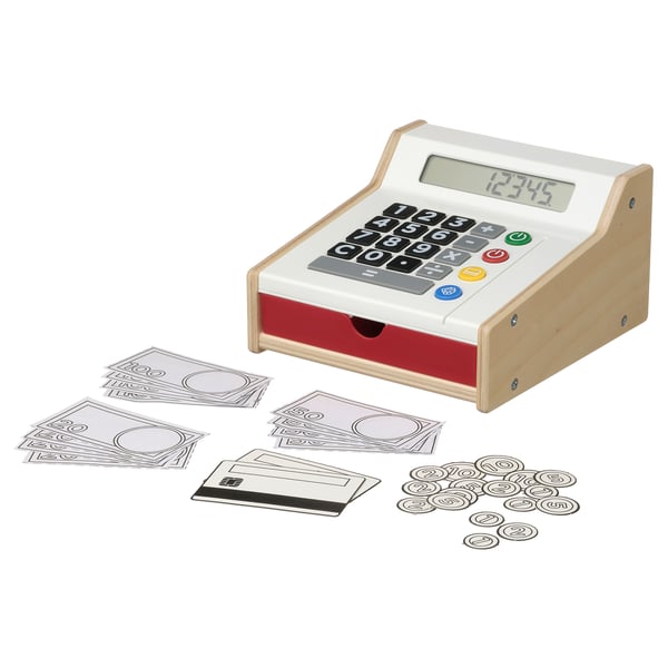 A childs wooden toy cash register in white and red, with a digital display and play money.