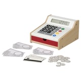 A childs wooden toy cash register in white and red, with a digital display and play money.