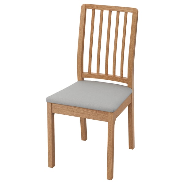 EKEDALEN chair: light wood frame, gray cushion. Slatted back, curved top. Modern, sturdy dining seat.