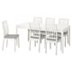 This image shows a white EKEDALEN dining set with a rectangular table and six matching chairs, four with grey cushions.