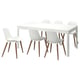 Modern white dining set with rectangular extendable table and six curved chairs.