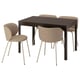 Modern dark wood rectangular dining table with four beige fabric chairs.