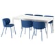 Modern white rectangular dining table with six blue cushioned chairs, sleek design, extendable.